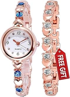 Premium Stainless Steel Analog Rose Gold Heart Shape Round dial Blue Diamond with Rose Gold Bracelet Super Quality Women's Watch - Pack of 2