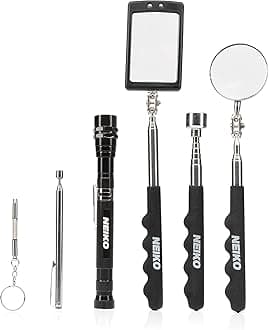 NEIKO 20736A Magnetic Pick-Up Tool and Inspection Mirror Set | Telescoping Flexible & Extendable LED Flashlight | 15lb Retriever Tool | 6 Piece Set | 360 Swivel, Adjustable, Telescoping Mirror