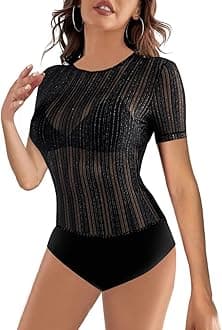 Lrady Women's Sheer Mesh Turtleneck Neck See Through Leotard Bodysuit Body Tops