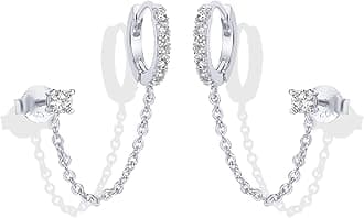 14K Gold Chain Earrings for Women | Double Piercing Dangle Chain Huggie Hoop Earrings | Cubic Zirconia Pearl Stud Ear Cuff Earrings for Women