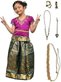 VishyamSiya Traditional Pattu Pavadai Lehnga Choli Includes Jewelery Belt Embroidery Indian Cotton Round Neck Design Dress Ethnic Davani Chinna Complete Set