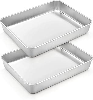 Small Lasagna Pan Set of 2, 10.5’’ x 8’’ x 2’’ Stainless Steel Rectangular Brownie Cake Pan For Baking Roasting, Healthy & Durable, Brushed Surface & Dishwasher Safe, Deep Side