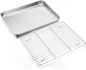 Stainless Steel Baking Sheet with Rack Set, E-far 12.4”x9.7” Cookie Sheet Broiling Pan for Oven, Rimmed Metal Tray with Wire Rack for Cooking/Baking/Cooling/Bacon, Non-toxic & Dishwasher Safe