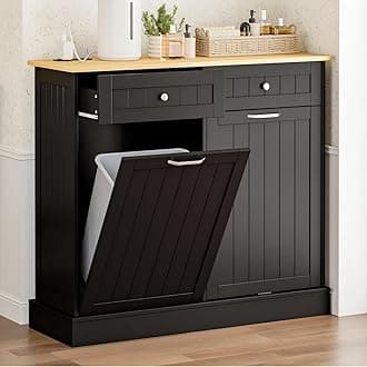 GAZHOME 20 Gallon Double Tilt Out Wooden Trash Cabinet with Charging Station, Upgrade Free Standing Recycling Cabinet with Outlet,Black
