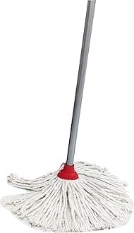Classic Cotton Floor Mop With Stick, Super Absorbent, Universal Thread Handle, Cost-Effective, Red & White, 10 x 6 x 153 Cm