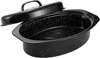 Granite Roasting Pan, Small 13” Enameled Roasting Pan with Domed Lid. Oval Turkey Roaster Pot, Broiler Pan Great for Small Chicken, Lamb, Vegetable. Dishwasher Safe Cookware Fit for 7Lb Bird
