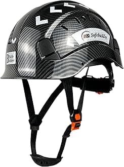 Carbon Fiber Pattern Work-at-Height ABS Rescue Hard Hat Slotted Ventilated Helmet w/Adjustable Ratchet 6-Point Suspension ANSI Z89.1-14 (Bright Black Hat)