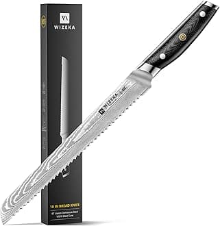 WIZEKA 10 inch Damascus Serrated Bread Knife for Homemade Bread: Razor Sharp VG10 Damascus Steel Multifunction Serrated Knife for Slicing Homemade Bread, Bagels, Cake