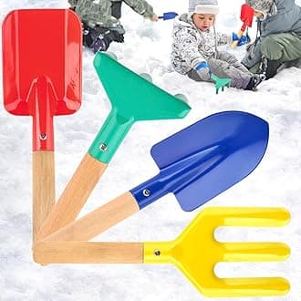 4 Piece Kids Beach Tools,Children Beach Sand Toys, Made of Metal with Sturdy Wooden Handle,Safe Beach Gardening Set, Fork, Trowel, Rake & Shovel for Kids