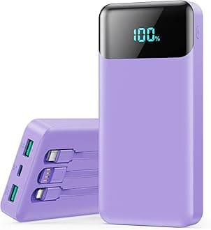 LanLuk Portable Charger 40800mAh Power Bank with 3 Built-in Cable,25W PD USB C in&Out Power Bank Fast Phone Charging,QC4.0 LED Display Battery Pack Compatible with iPhone 16/15,Samsung Android-Purple