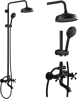 gotonovo Bathroom Shower Faucet Rain Mixer 8 Inch Round Shower Head Double Cross Handle with Tub Spout Wall Mount Bathroom Shower Fixtures 3 Function ABS Handheld Sprayer Matte Black