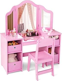 GYMAX Kids Vanity Table and Chair Set, 2-in-1 Princess Dressing Table with Tri-folding Mirror & 4 Storage Bins, Wooden Girls Makeup Desk for Bedroom Playroom (Pink, Chair: 32 x 32 x 65cm)