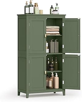 VASAGLE MBBC552C01 Bathroom Cabinet, Kitchen Cabinet, with 4 Doors, Adjustable Shelves, 30 x 60 x 110 cm, Forest Green