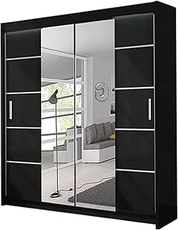 Oslo 203cm Black Sliding Wardrobe with LED Lighting, Mirrored Doors, Adjustable Shelving, Contemporary Design(Black, 203)