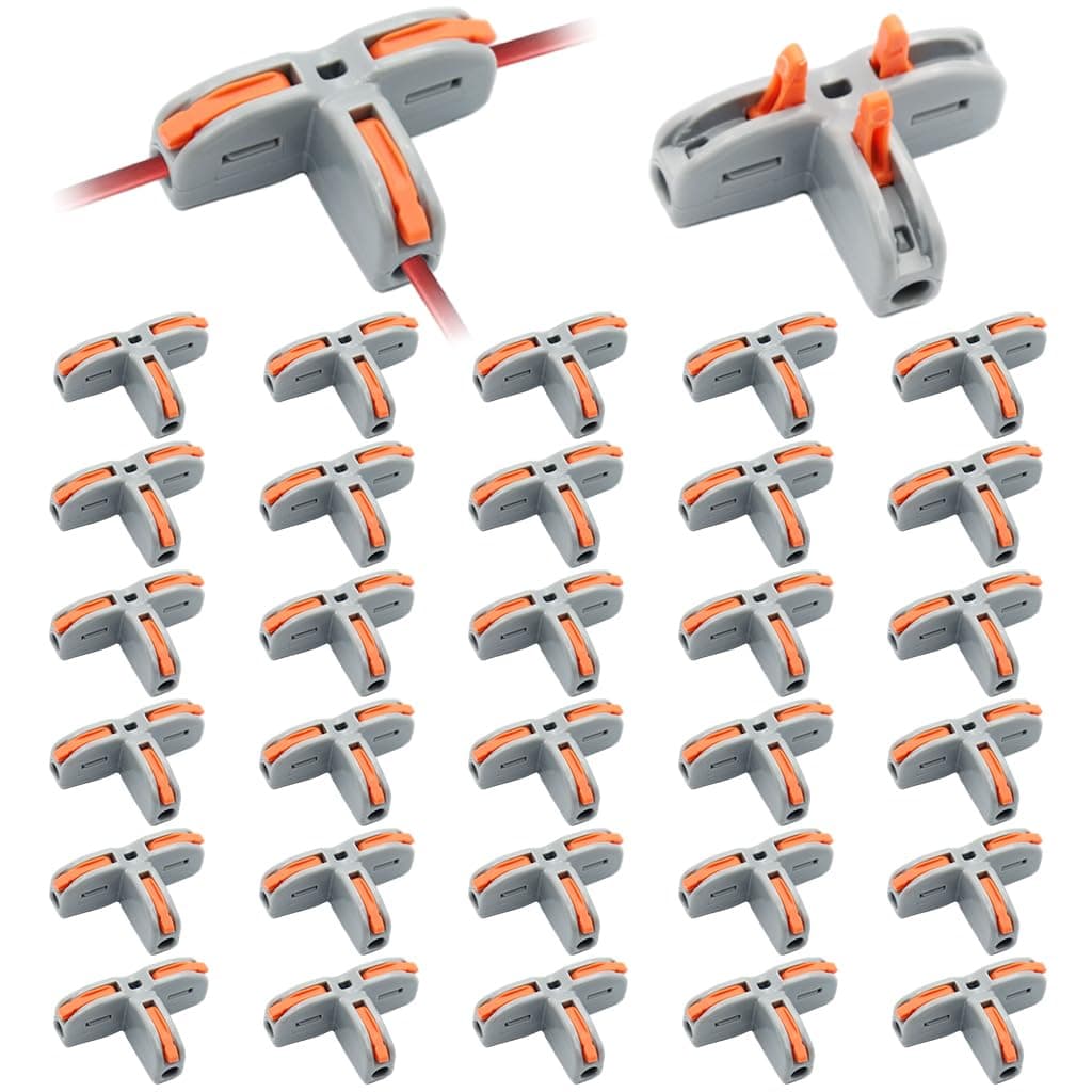 Serplex® 30Pcs T-Shape 3 Way Wire Conductor Quick Cable Splitter Electrical Connectors Push-in Terminal Block Universal Wire Connectors for AWG 28-12 Cable