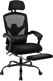 DUMOS Home Office Desk Chair with Footrest, High-Back Mesh Rolling Swivel Reclining Chairs with Wheels, Comfortable Headrest, Lumbar Support, Comfy Arms for Home, Office, Gaming, Student, Black