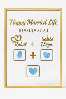 Personalized Wedding Gift Frame – Custom Names, Date & Fingerprint Design | Golden Metal Accent Anniversary Keepsake for Couples, Newlyweds & Special Occasions