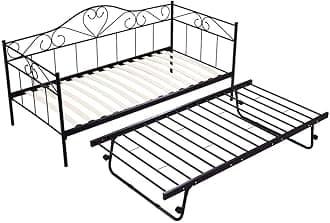 Panana Single Day Bed Metal Guest Bed Frame Sofa Bed with Pull Out Guest Trundle Bed (Black, Daybed+Trundle)