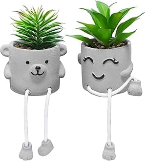 - Zerzsy Faux Succulents in Cement Pots with Hanging Leg, Potted Mini Fake Plants for Office Desk Decor, Artificial Succulent Plants Indoor Decorations - Set of 2
