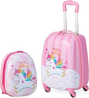 2PCS Kids Luggage Set, Hard Shell Children Trolley Case with 4 Universal Wheels, Girls Boys Suitcase and Backpack Set for Travel (Pink Unicorn, 12"+16")