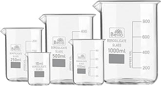 Bello Borosilicate 3.3 Glass Beaker 10 ml, 100 ml, 250 ml, 500 ml, 1000 ml with Graduation Marks, Set of 5 Beakers for school collage chemistry lab laboratory