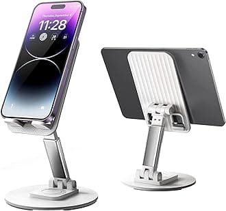 Cell Phone Stand Phone Holder for Desk, Rotatable Adjustable Height Mobile iPhone Stand, Table Portable Foldable Stand for Most Phones, iPhone 14 series, Samsung Galaxy, Tablet/iPad (whith)