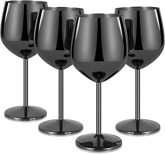 Lifecapido Stainless Steel Wine Glasses Set of 4, 18oz Stainless Steel Wine Goblets, Stemmed Metal Wine Glasses with Cup Brush for Party Office Anniversary, Great for Red White Wine (Grey Black)