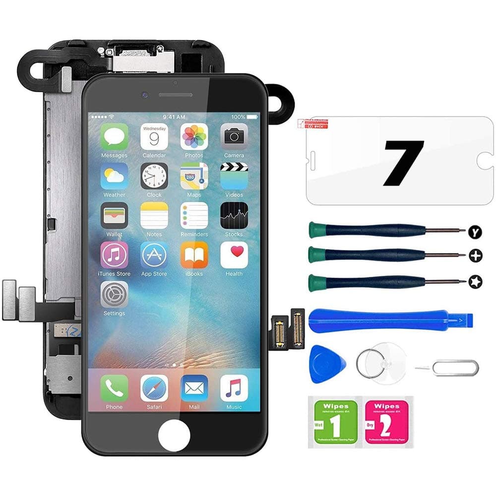 FFtopu iPhone 7 Screen Replacement Black, LCD Touch Display Digitizer Assembly with Front Facing Camera Proximity Sensor+Ear Speaker+Full Repair Tools