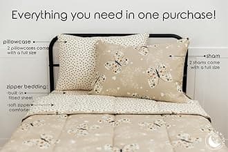 Beddy's Butterfly Themed Durable Zipper Bedding for Kids, Bed in a Bag, Beige Sheets & Comforter with Butterflies, Hearts & Floral Design, Includes Pillowcase & Pillow Sham, Easy to Make & Wash