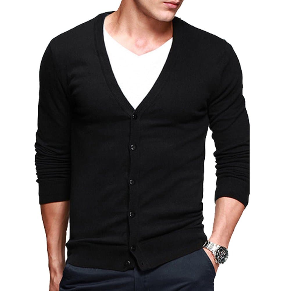 Men's Basic Long Sleeve Button Down V Neck Knitted Cardigan Black Tag 2XL - US L