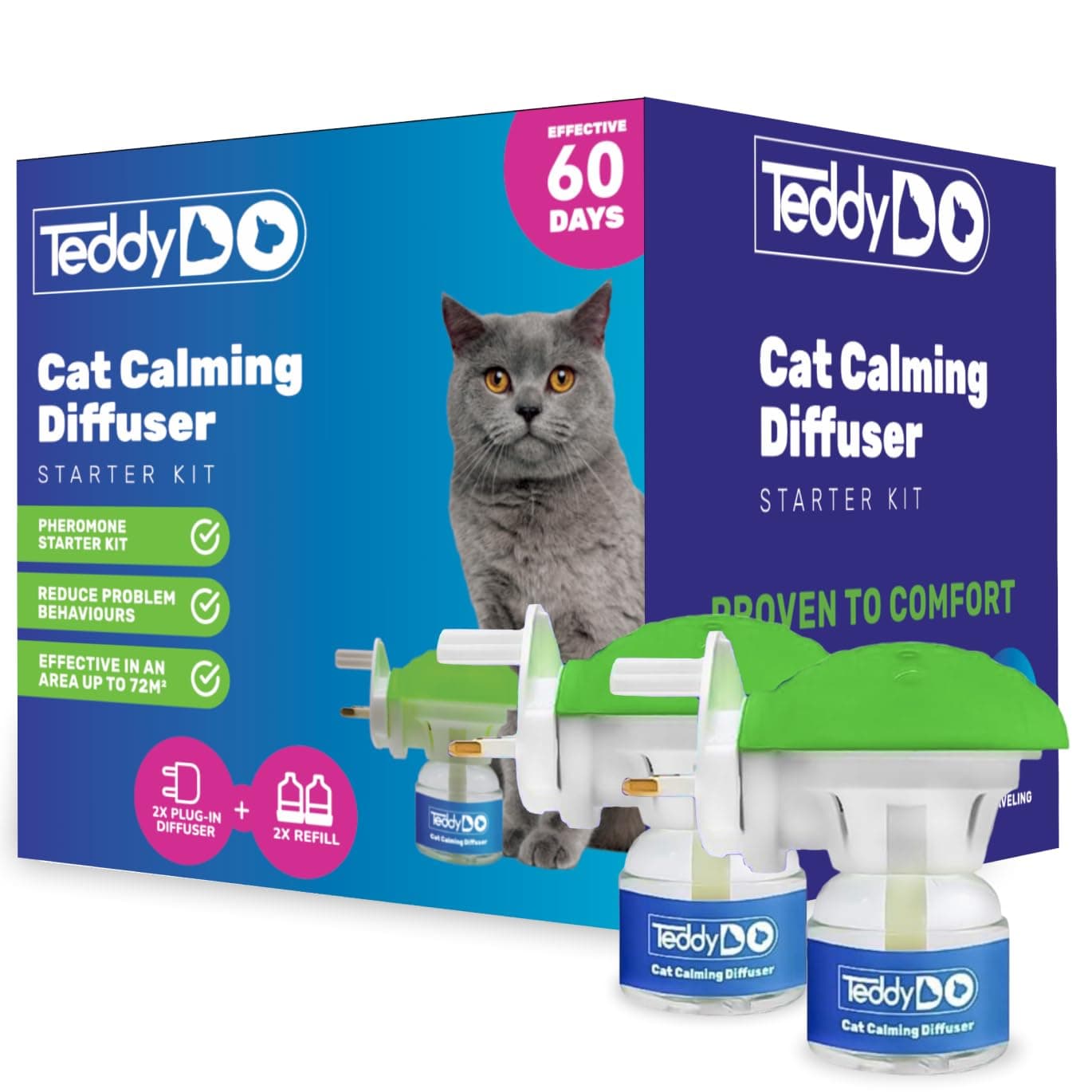 Cat Calming Diffuser Plug-In (UK Type G) Pheromone Diffuser for Cats | 2 Diffusers + 2x48ml Refills | 60-Day Double Pack | Helps Reduce Scratching, Spraying & Anxiety | Safe Stress Relief
