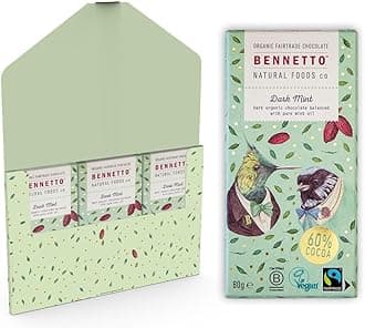 Dark Mint Dark chocolate with 60% cocoa and pure mint oil. Certified organic, Fairtrade, and net climate positive. Beautiful gifts for everyone. 6x 80g Full Size Bars.