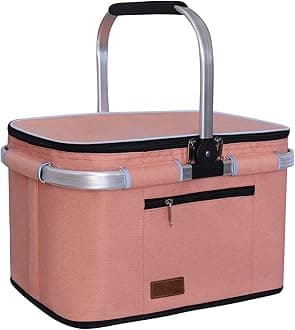 LIQING 35L Large Picnic Basket 2 Layers of Internal Pockets Leak-Proof and Insulated ，Folding with Internal Support for enhansed Stability, Wedding Gifts for Couple(Salmon Color)
