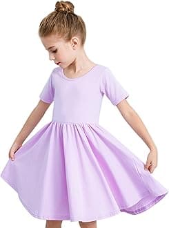 Stelle Girls Short Sleeve Dress Summer Kids Toddler Skater Twirl A Line Solid Color T-Shirt Dress for School Casual 3-12 Y