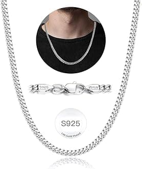 18K Real Gold Plated Over 925 Sterling Silver Chain for Men, 4mm Miami Mens Cuban Link Chain Necklace, Hip-Hop & Cool Men's Chain Necklace, 16/18/20/22/24/26 Inch
