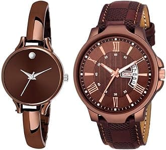 Shocknshop Leather Analogue Unisex Couple Combo Watch For Men & Women (Brown Dial & Colored Strap) -W246-236Br, Brown Band