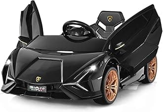 – COSTWAY 12V Kids Electric Ride on Car with Remote Control, LED Lights, MP3, Music, Spring Suspension, Licensed Lamborghini Battery Powered Toy Vehicle for Boys and Girls (Black)