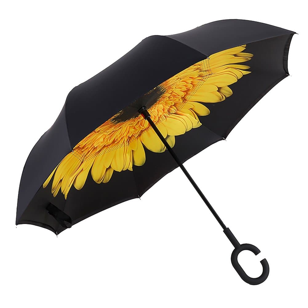 Windproof Umbrella Reverse Folding Double Layer Self-standing Umbrella with C-shaped Hand Free Handle for Travel and Car (GS-UKUM-Sunflower)