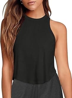 LASLULU Womens Crop Tops Sleeveless Workout Tops Halter Neck Flowy Athletic Shirts Cropped Tank Muscle Tank