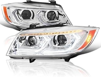 Spec-D Tuning Chrome Dual Projector Headlights with 3D LED Tube and Startup Animation Compatible with 2006-2011 BMW 3-Series E90 Sedan/E91 Wagon, Left + Right Pair Headlamps Assembly
