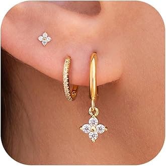 3 Pairs Small Hoop Earring Stacks, 14K Gold/Silver/Black/Rose Gold Plated Pearl Heart Butterfly Bow Star Moon Leaf Diamond Hoop Charm Drop Huggie Earrings Trendy Jewelry Gift for Women