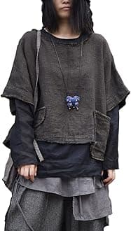 NFYM Women Early Autumn Short Outerwear Thick Yarn-Dyed Short Sleeve Linen Tops Retro Pullover with Pockets