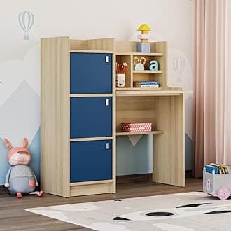 Wakefit Kids Study Table with Storage | Wooden Study Desk for Kids with Bookshelf & Cabinet | Study Table for Students | Writing Table for Kids 5-12 Years | Doo (Moldau Acacia, Maple & Blue)