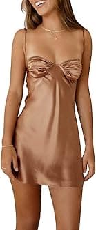 Women Y2K Satin Spaghetti Strap Mini Dress Low Cut Sleeveless Off Shoulder Pleated Going Out A-line Short Dress