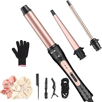 JAETON Curling Iron Wand Set, Curling Wand 3 in 1 Hair Curling Wands Interchangeable Ceramic 0.35-1.25inch Barrel Hair Curler, with Heat Resistant Glove