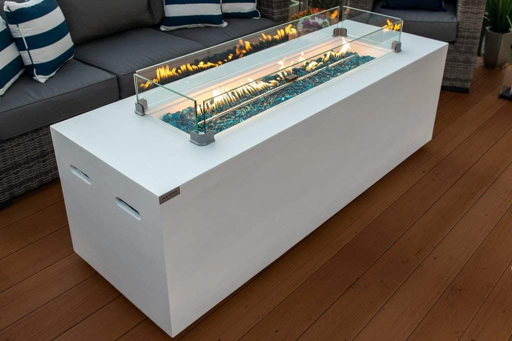 70" Linear Rectangular Modern Concrete Fire Pit Table w/Glass Guard and Crystals in White by AKOYA Outdoor Essentials (High Desert)