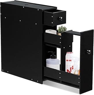 COSTWAY Bathroom Floor Cabinet, Wooden Slim Storage Cupboard with Slide Out Drawers, Home Living Room Hallway Narrow Toilet Paper Organiser Unit (Black)