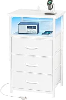 Fixwal White Nightstand with Charging Station, LED Night Stand with 3 Fabric Drawers and Open Shelf, Bedside End Table in Bedroom