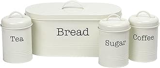 EHC 4 Piece Kitchen Storage Tight Fitting Lids - Countertop Space-Saving, Includes Bread Bin, Tea, Coffee & Sugar Caddy Tins Containers Canister Storage Jars Pots Set, Cream