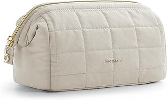 BAGSMART Makeup Bag Cosmetic Bag Wide Open, Beige, M, Wide-open Travel Makeup Bag With Puffy Padded and Rectangular Quilted